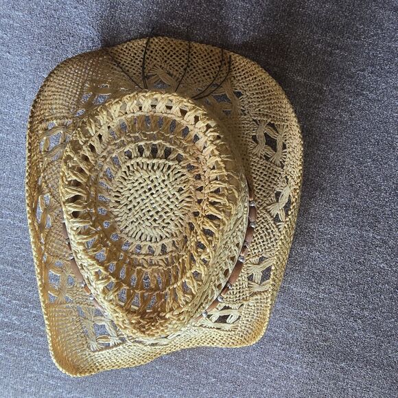 Raffia Straw Cowboy Hat Leon Leather Co Hat Desperado Collection Teal Beaded OS - Picture 4 of 10